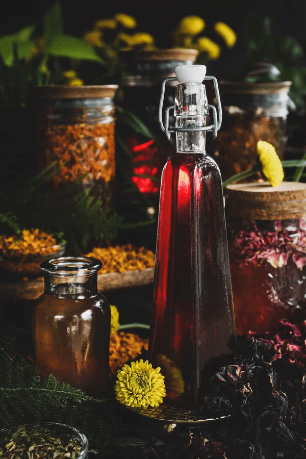 Glass bottle of herbal fermented drink surrounded by dried flowers and apothecary jars