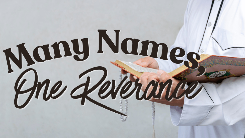 “Handwritten phrase ‘Many Names, One Reverence’ on a soft, neutral background with subtle spiritual aesthetic”